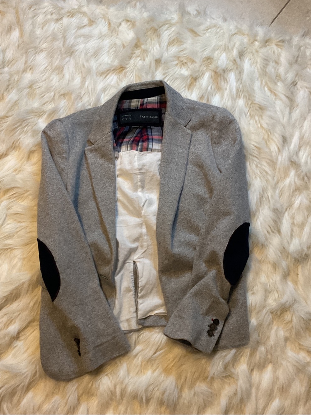 Zara Gray Blazer with Red & Navy Plaid Lining